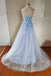 Blue Sweetheart Lace Tulle Long A-Line Prom Dress, Shiny Slit Party Dress GP706