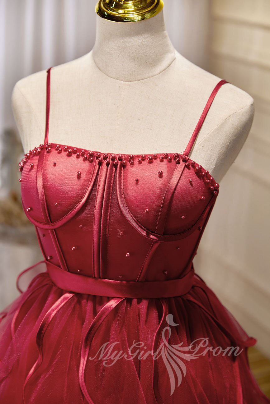 Burgundy Spaghetti Straps Short Prom Dress, Puffy Homecoming Dress GM627