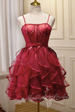 burgundy spaghetti straps short prom dress puffy homecoming dress