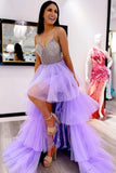 V-neck Beaded Lavender High Low Tulle Prom Dress, Tiered Party Gown GP610