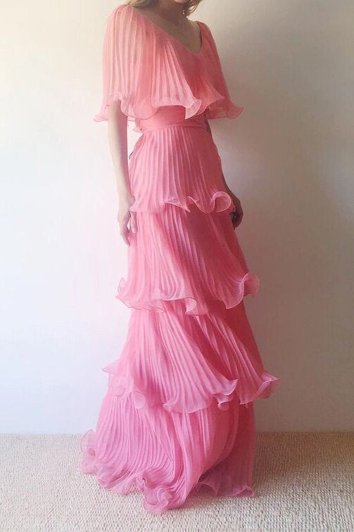 Cap Sleeves Pink Pleats Chiffon Teired Prom Dress, A-line Party Gown GP704