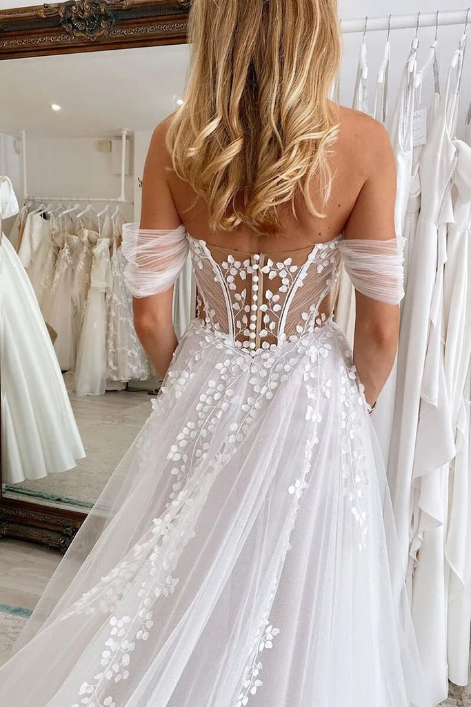Charm Off Shoulder Tulle Appliques Boho Wedding Dress, Slit Beach Bridal Gown PW568