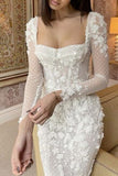 Square Neck Mermaid Long Sleeves Dots Lace Appliques Boho Wedding Dress PW556