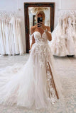 Charming A Line Sweetheart Lace Appliques Tulle Boho Wedding Dresses PW563