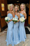 Charming Strapless Blue Mermaid Satin Long Bridesmaid Dresses GB407
