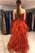 Charming Strapless Ruffles Brick Red Chiffon Prom Dress, Long Evening Dress GP654