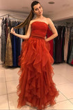 Charming Strapless Ruffles Brick Red Prom Dress, Long Evening Dress GP654