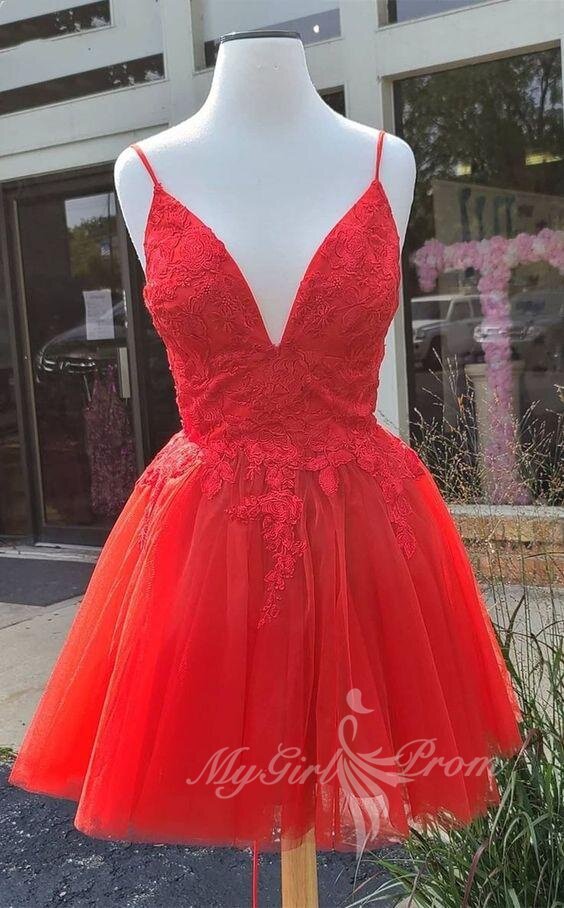 chic a line red appliques lace homecoming dresses tulle short prom dress