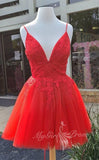 Chic A-Line Red Appliques Lace Homecoming Dresses, Tulle Short Prom Dress GM629