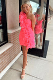 Chic Pink One-Shoulder Ruffles Short Homecoming Party Dresses GM687