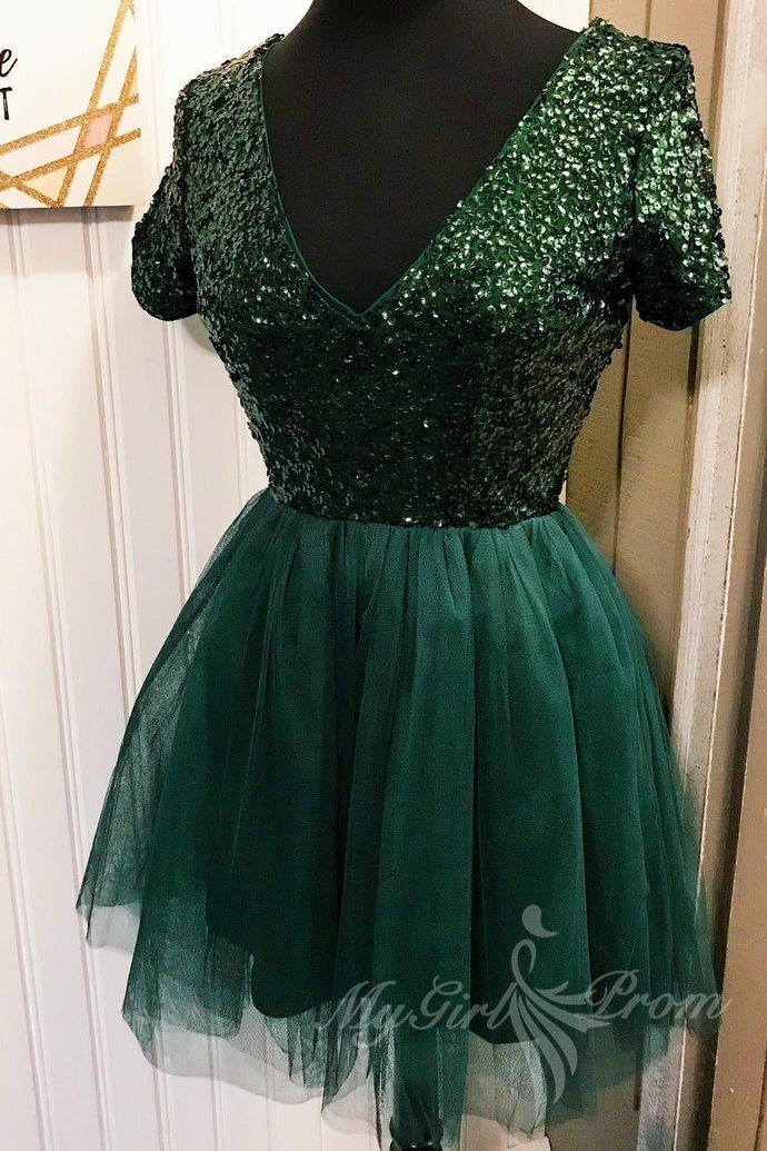 Chic Short Sleeves Dark Green Homecoming Dress, Tulle Sequin Party Dress GM616