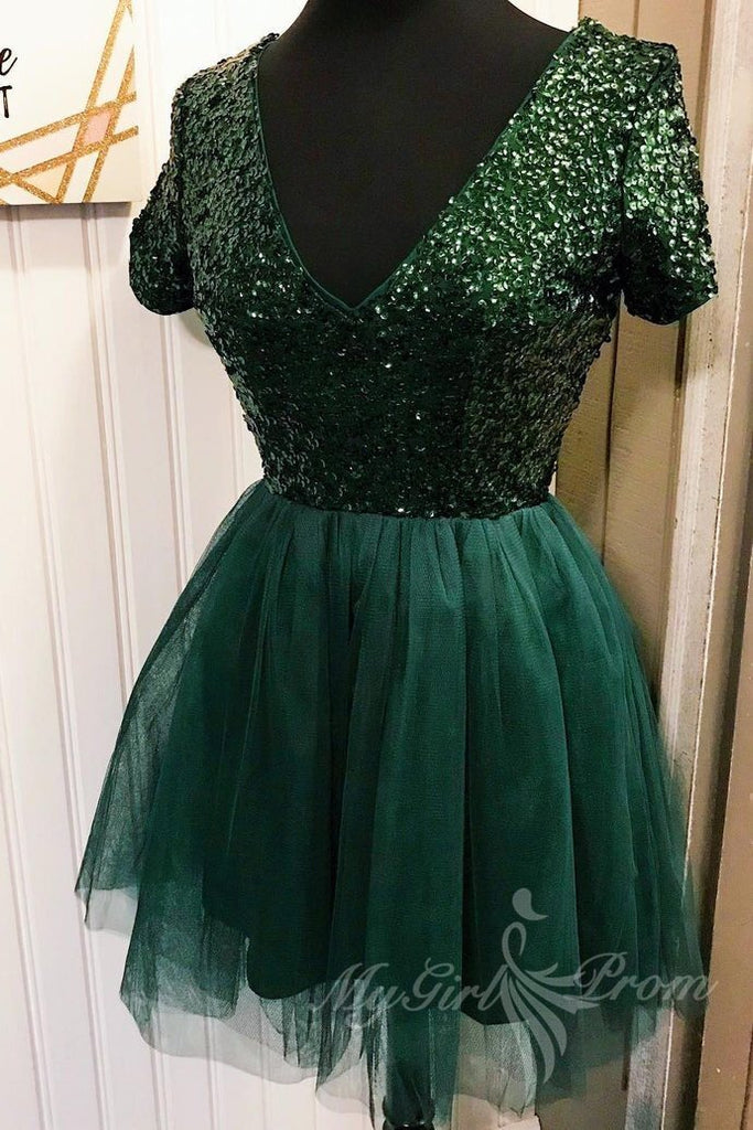 chic short sleeves dark green homecoming dress tulle sequin party dress