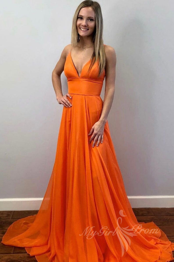 classic chiffon orange long prom dress a line v neck formal gown