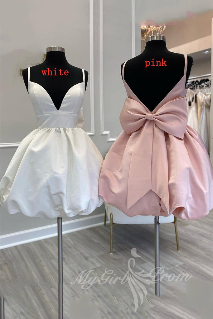 cute a line v neck short homecoming dresses with bow satin party dress
