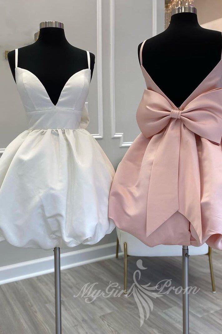 Cute A-line V-Neck Short Homecoming Dresses with Bow, Satin Party Dress GM624