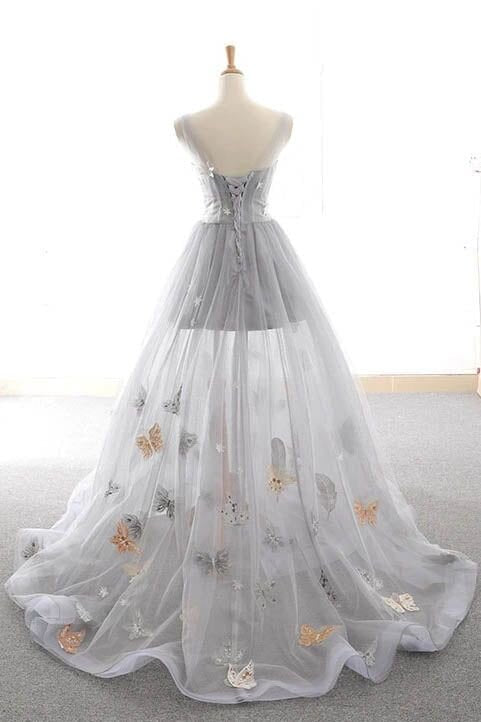 cute gray tulle star butterfly prom dress long lace up party gown