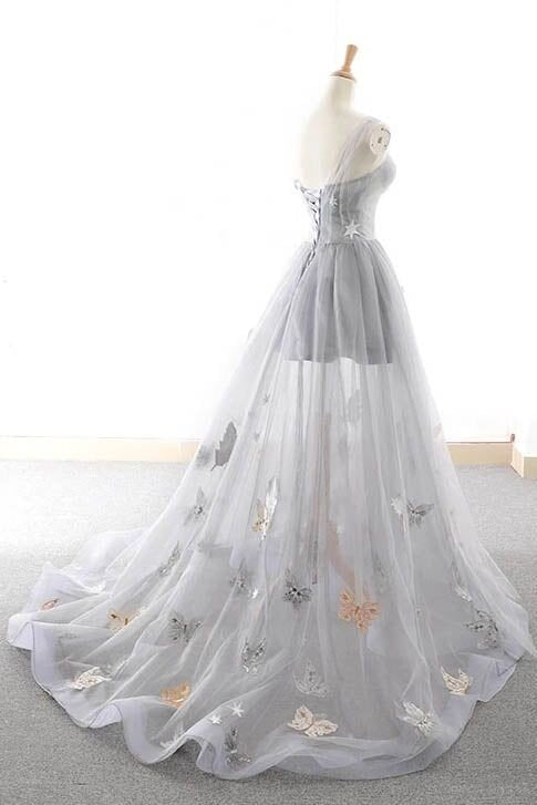 cute gray tulle star butterfly prom dress long lace up party gown