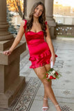 Cute Ruffle Straps Blue Satin Mini Homecoming Dress with Ruffles GM740