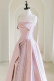 Strapless Satin Pearls Tulle Long Prom Dresses, A-line Pink Formal Gown GP687