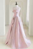 Strapless Satin Pearls Tulle Long Prom Dresses, A-line Pink Formal Gown GP687