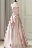 Strapless Satin Pearls Tulle Long Prom Dresses, A-line Pink Formal Gown GP687