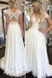 Deep V Neck Keyhole Back A-Line Lace Bohemian Wedding Dresses PW557