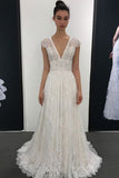 Deep V Neck Keyhole Back A-Line Lace Bohemian Wedding Dresses PW557