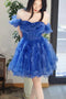 Puff Sleeves A-line Printed Ruffle Blue Tulle Homecoming Dress GM693