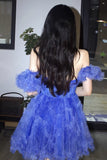 Puff Sleeves A-line Printed Ruffle Blue Tulle Homecoming Dress GM693