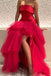 Elegant A-Line Strapless Hot Pink Prom Dress Tiered Tulle Slit Formal Gown GP664