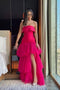 Elegant A-Line Strapless Hot Pink Prom Dress Tiered Tulle Slit Formal Gown GP664