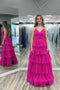 Elegant A-line Fuchsia Pleated Tiered Tulle Prom Dress, Long Formal Dress GP679