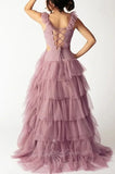 Elegant A-line Ruffle-draped Tulle Prom Dress Tiered Formal Gown GP812