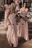Elegant A-line V-neck Floor Length Pink Chiffon Bridesmaid Dresses GB410