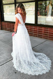 Elegant A-line V Neck Lace Beach Wedding Dress, Bohemian Bridal Gown PW558