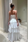 Elegant A line Long Tiered Prom Dress Strapless Formal Gown GP658