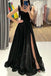 Elegant A line Tie-Straps Black Sequin Prom Dresses, Slit Formal Gown GP659