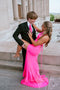 Elegant Hot Pink Mermaid V-neck Satin Prom Dress, Slit Backless Evening Gown GP618