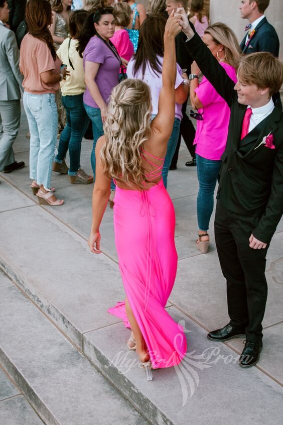 elegant hot pink mermaid v neck satin prom dress slit backless evening gown