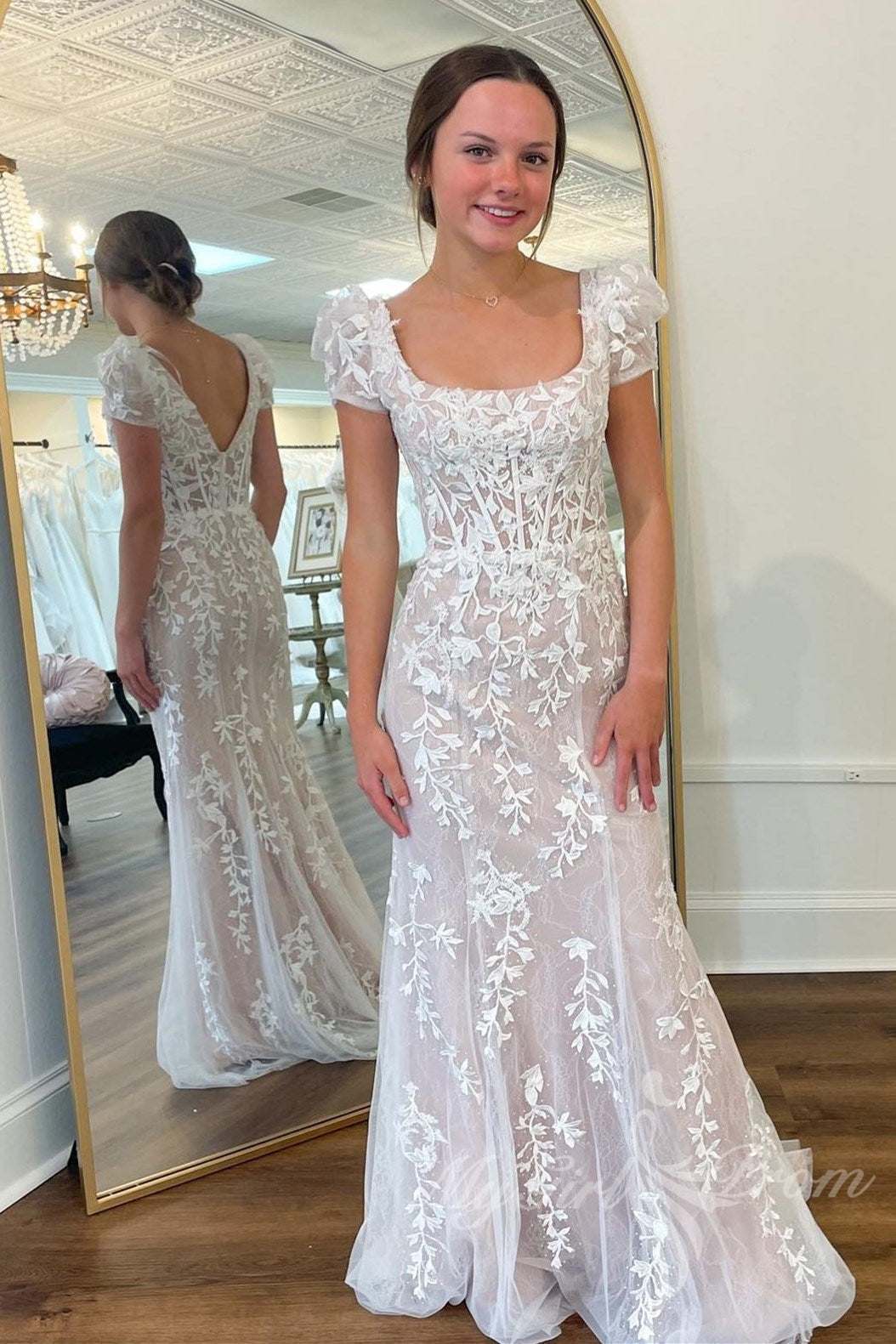 Ivory Lace Appliques Tulle Long Prom Dress, Elegant Sheath Wedding Dress PW540
