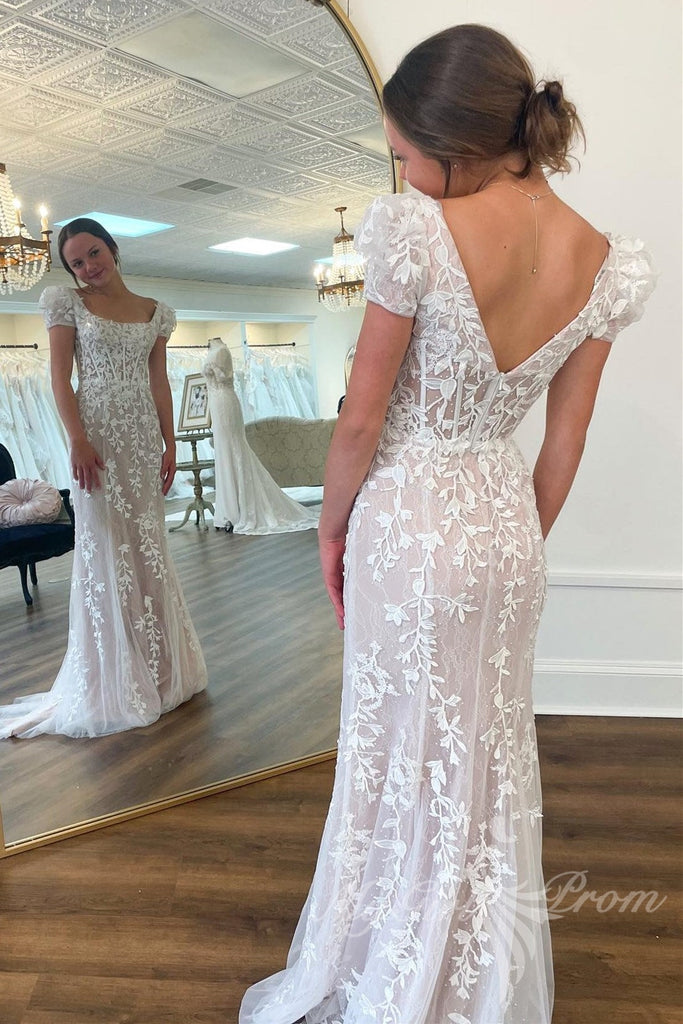 ivory lace appliques tulle long prom dress elegant sheath wedding dress