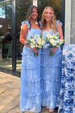 Elegant Ruffles Blue Chiffon Prom Dresses A-line Long Bridesmaid Dress GB406