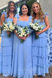 Elegant Ruffles Blue Chiffon Prom Dresses A-line Long Bridesmaid Dress GB406