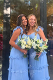 Elegant Ruffles Blue Chiffon Prom Dresses A-line Long Bridesmaid Dress GB406