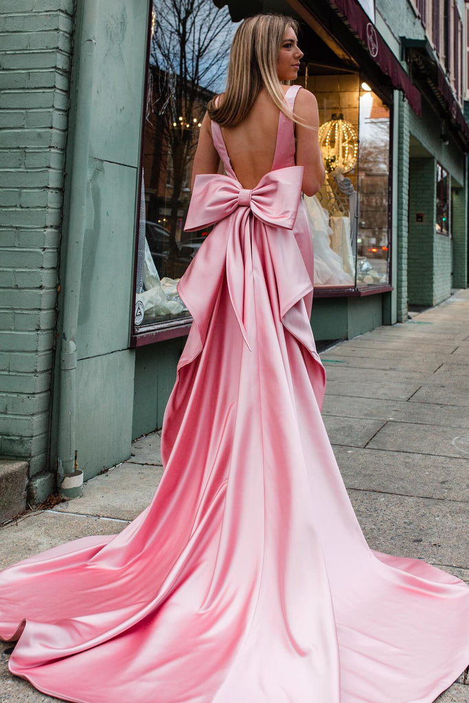 elegant sheath pink satin prom dress with bowknot long formal gown