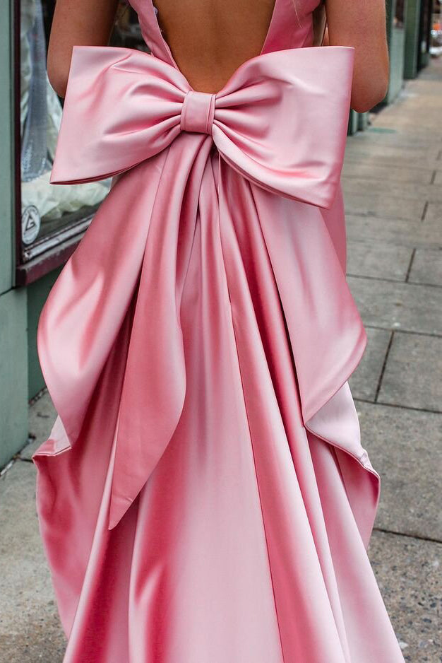 elegant sheath pink satin prom dress with bowknot long formal gown