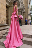 elegant sheath pink satin prom dress with bowknot long formal gown