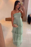 Elegant Strapless Long Mint Green Prom Dress Tulle Formal Party Gown P703