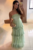 Elegant Strapless Long Mint Green Prom Dress Tulle Formal Party Gown P703