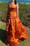 Elegant Strapless Orange A Line Layered Satin Long Prom Dress GP683